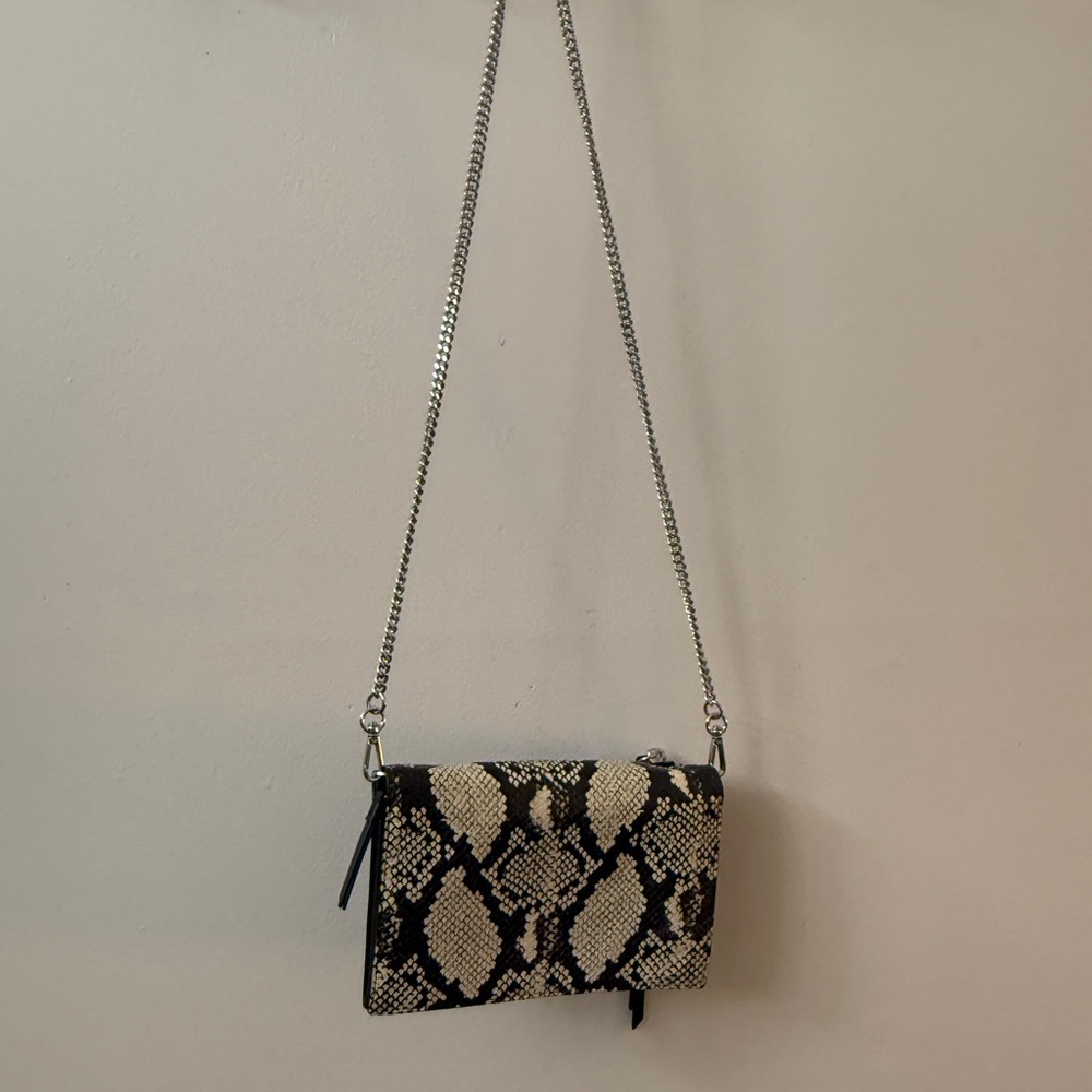 Allsaints Snake-Print Crossbody Bag in Black and Cream with Silver Chain